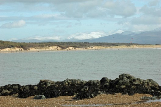 Newborough sands-people walking, kite-surfing & snowy mountains